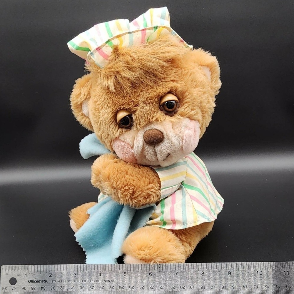 VTG Fisher Price Plush Brown 1985 Sleepy Teddy Bear Nightcap Blanket 1401